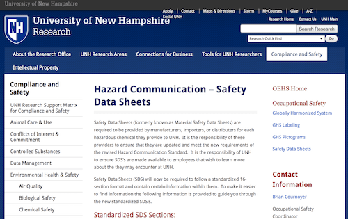 新罕布什尔大学-危险通讯-安全数据表